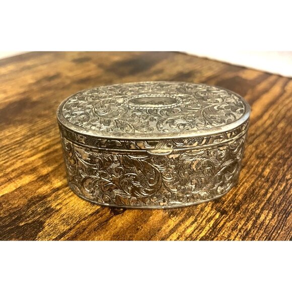 Vintage 1970s Ornate Silver-Plated Trinket Box With Red Velvet Lining - Picture 1 of 11
